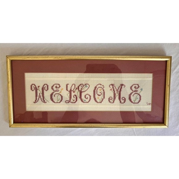 Vintage Framed Cross Stitch Matted Welcome Sign Country Farm House Decor - Picture 3 of 8